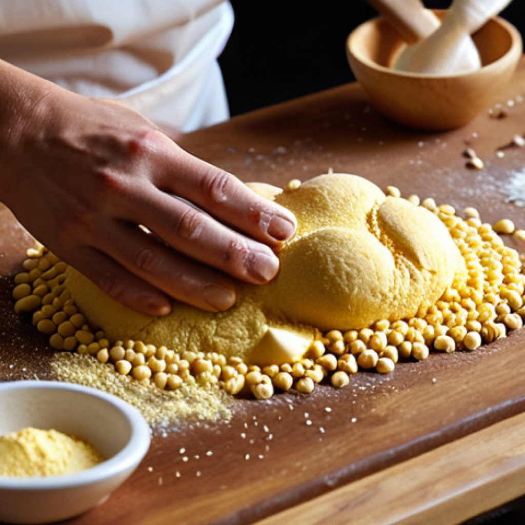Image Prompt 1:** A close-up, detailed shot of a baker's hands working with dough on a wooden counter. Around them are meticulously arranged ingredients like golden flour, active yeast granules, and liquid butter. Subtle glowing lines or translucent overlays depict the scientific processes at play: the intricate gluten network forming, and tiny carbon dioxide bubbles from yeast activity. The overall ambiance is clean and precise, emphasizing the chemistry and functional understanding behind baking.