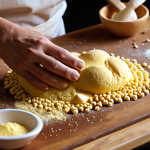 Image Prompt 1:** A close-up, detailed shot of a baker's hands working with dough on a wooden counter. Around them are meticulously arranged ingredients like golden flour, active yeast granules, and liquid butter. Subtle glowing lines or translucent overlays depict the scientific processes at play: the intricate gluten network forming, and tiny carbon dioxide bubbles from yeast activity. The overall ambiance is clean and precise, emphasizing the chemistry and functional understanding behind baking.