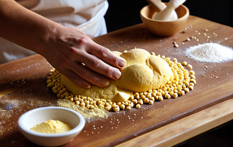 Image Prompt 1:** A close-up, detailed shot of a baker's hands working with dough on a wooden counter. Around them are meticulously arranged ingredients like golden flour, active yeast granules, and liquid butter. Subtle glowing lines or translucent overlays depict the scientific processes at play: the intricate gluten network forming, and tiny carbon dioxide bubbles from yeast activity. The overall ambiance is clean and precise, emphasizing the chemistry and functional understanding behind baking.