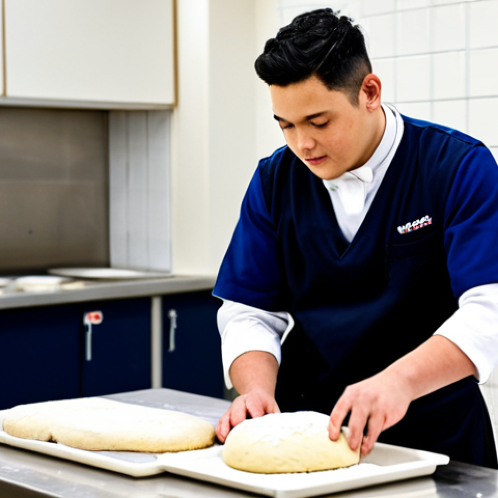 A professional male MBO student, fully clothed in a clean, modest baker's uniform, actively engaged in a practical baking session. He is carefully kneading dough on a stainless steel counter in a modern, well-equipped school kitchen. In the background, other students and an instructor observe and work. The atmosphere is focused and educational. Perfect anatomy, correct proportions, natural pose, well-formed hands, proper finger count, natural body proportions, professional photography, high quality, safe for work, appropriate content, professional dress, family-friendly.