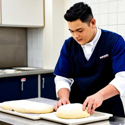 Home 8 A professional male MBO student, fully clothed in a clean, modest baker's uniform, actively engaged in a practical baking session. He is carefully kneading dough on a stainless steel counter in a modern, well-equipped school kitchen. In the background, other students and an instructor observe and work. The atmosphere is focused and educational. Perfect anatomy, correct proportions, natural pose, well-formed hands, proper finger count, natural body proportions, professional photography, high quality, safe for work, appropriate content, professional dress, family-friendly.