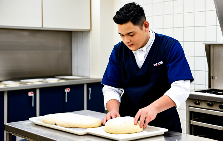 A professional male MBO student, fully clothed in a clean, modest baker's uniform, actively engaged in a practical baking session. He is carefully kneading dough on a stainless steel counter in a modern, well-equipped school kitchen. In the background, other students and an instructor observe and work. The atmosphere is focused and educational. Perfect anatomy, correct proportions, natural pose, well-formed hands, proper finger count, natural body proportions, professional photography, high quality, safe for work, appropriate content, professional dress, family-friendly.