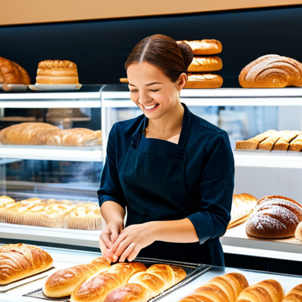 제과제빵 업계에서의 여성 진출 사례 - Modern Bakery Scene**

"A brightly lit, modern bakery storefront featuring a diverse array of breads...