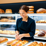 제과제빵 업계에서의 여성 진출 사례 - Modern Bakery Scene**

"A brightly lit, modern bakery storefront featuring a diverse array of breads...