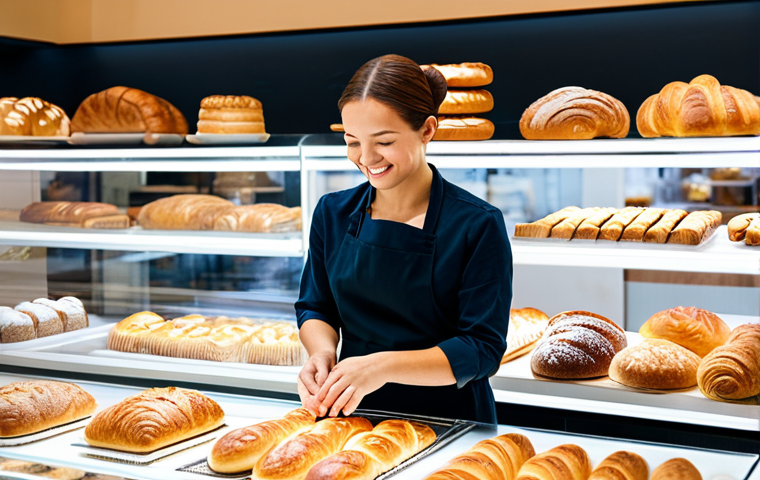 제과제빵 업계에서의 여성 진출 사례 - Modern Bakery Scene**

"A brightly lit, modern bakery storefront featuring a diverse array of breads...