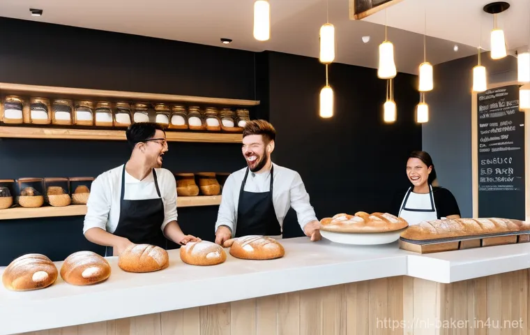제과제빵 직업의 전망과 변화 - **High-Tech Yet Artisanal Baking Process**
    Inside a sleek, contemporary bakery, a skilled baker,...