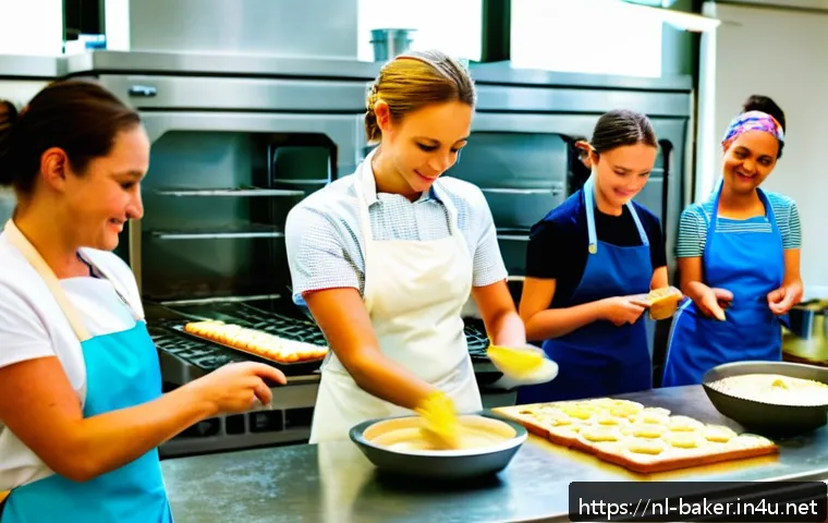 제과제빵 학원과 독학 비교 - A bright, modern Dutch baking school classroom filled with enthusiastic adult students learning to b...