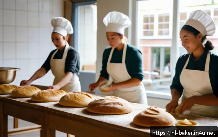 제과제빵 자격증 난이도 비교 - A professional Dutch bakery classroom scene showing a diverse group of adult students wearing clean ...