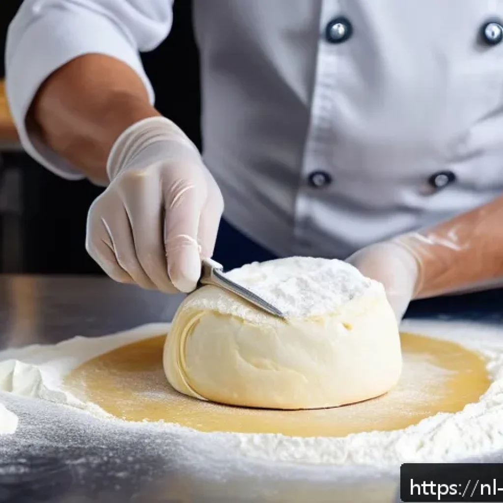 제과제빵 실무에서 자주 쓰는 기술 - A close-up, hyper-realistic image of a professional patisserie chef&rsquo;s hands carefully folding cold b...