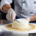 Home 23 제과제빵 실무에서 자주 쓰는 기술 - A close-up, hyper-realistic image of a professional patisserie chef’s hands carefully folding cold b...
