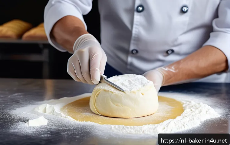 제과제빵 실무에서 자주 쓰는 기술 - A close-up, hyper-realistic image of a professional patisserie chef&rsquo;s hands carefully folding cold b...