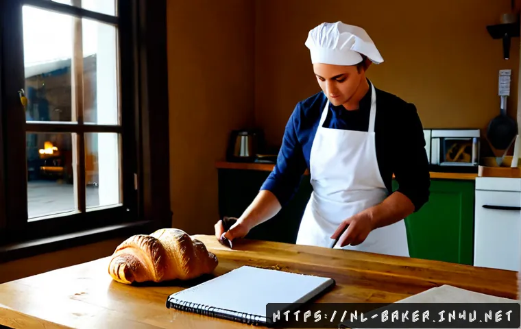 제과제빵 관련 업무 일기 작성법 - Photorealistic Dutch bakery work diary scene, a baker in a clean white apron seated at a wooden coun...