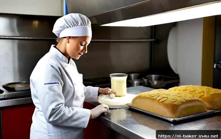 Home 17 제과제빵 현업에서의 필수 자질 - Photorealistic Dutch bakery kitchen, skilled pastry chef in clean white jacket and hairnet carefully...